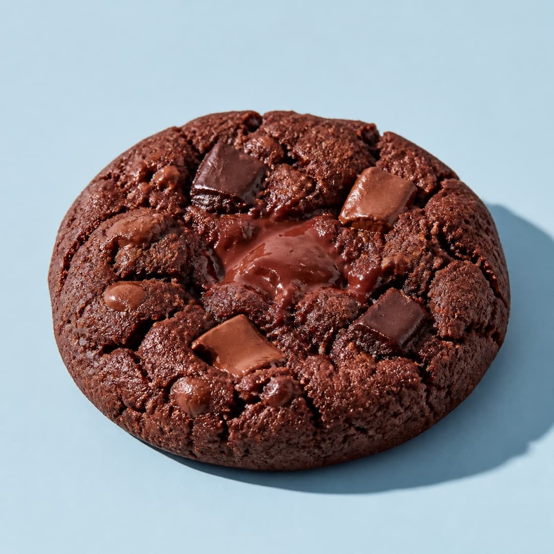 A rich double chocolate cookie with a molten chocolate center