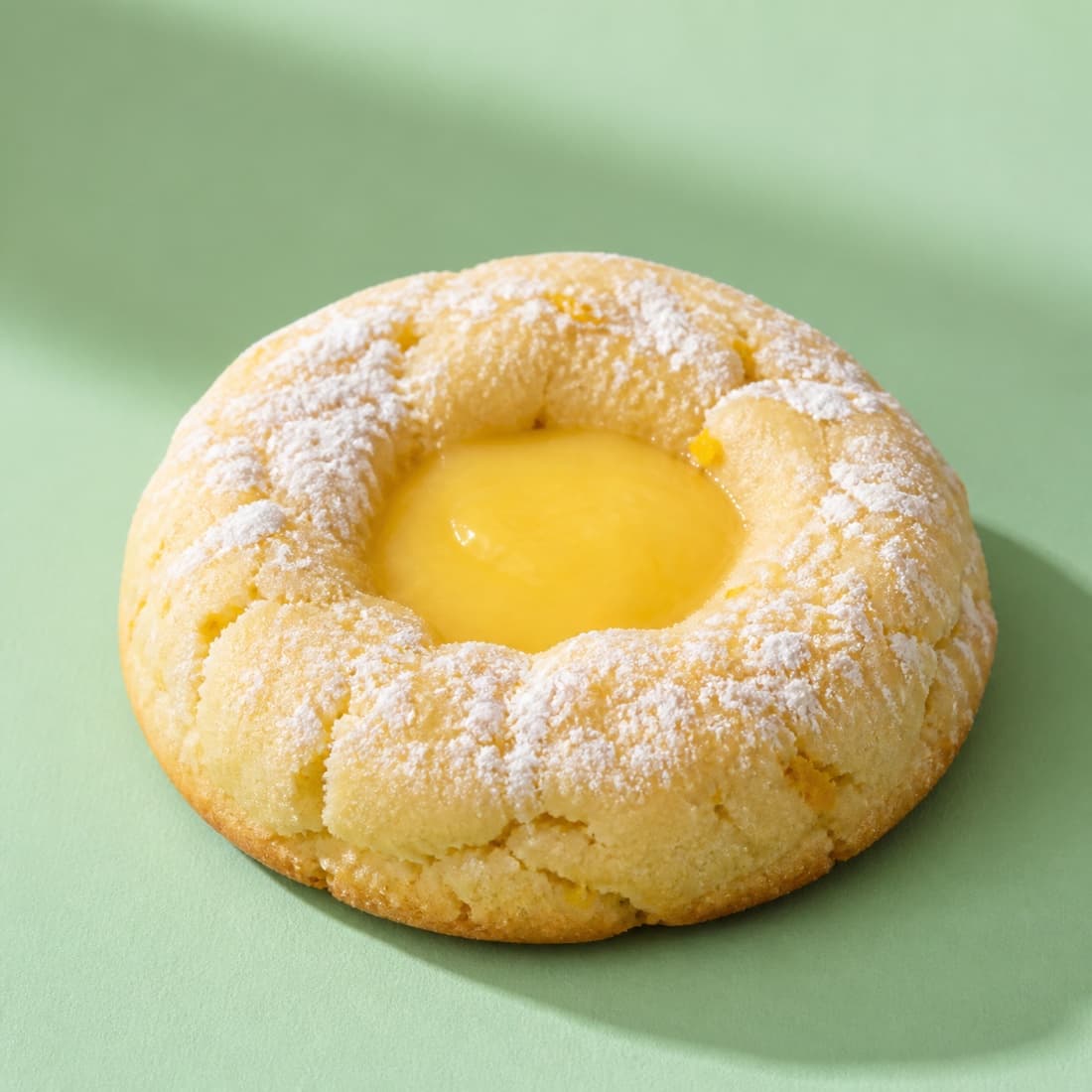 A lemon cookie with a bright lemon curd center and powdered sugar
