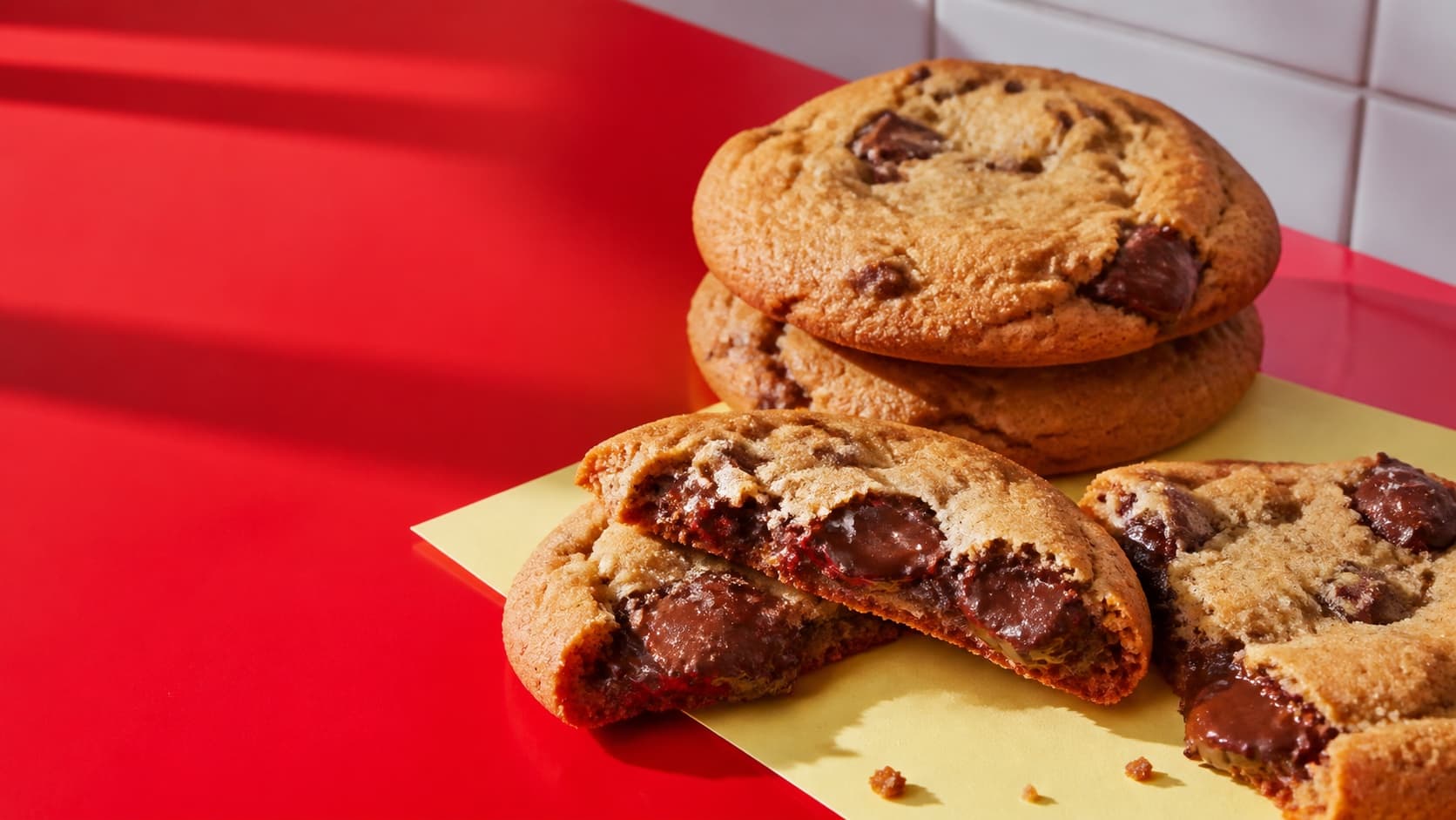 Fresh chocolate chip cookies on a bright red counter